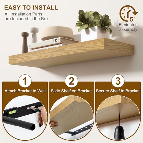 Fun Memories 60 Inch Fireplace Mantel - Long Floating Shelf, Wall Mounted Farmhouse Display with Invisible Heavy Duty Metal Bracket, Oak, 2 Pack - color: Oak, size: 60"W x 6.5"D