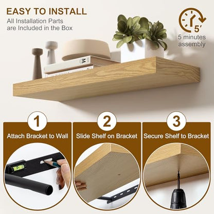 Fun Memories 60 Inch Fireplace Mantel - Long Floating Shelf, Wall Mounted Farmhouse Display with Invisible Heavy Duty Metal Bracket, Oak, 2 Pack - color: Oak, size: 60"W x 6.5"D