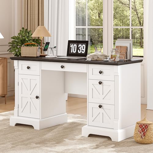 55'' Farmhouse Executive Desk with Drawers, White