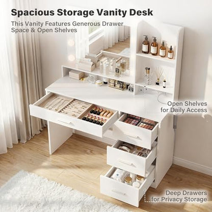 39 Inch Vanity Desk with Mirror and LED Lights, Modern White