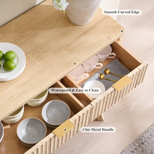 60 Inch Fluted Buffet Sideboard Cabinet, Natural Oak