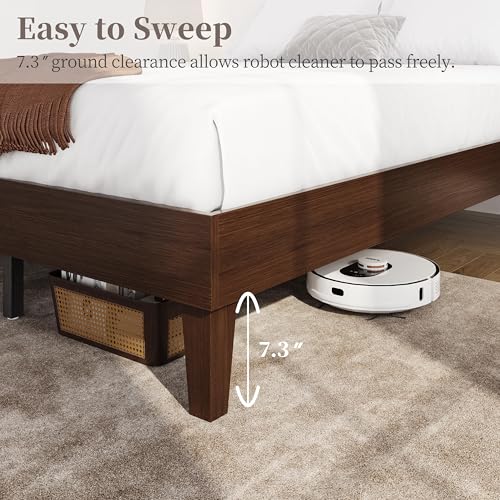 Queen Size Solid Wood Platform Bed Frame Low-Profile Dark Walnut