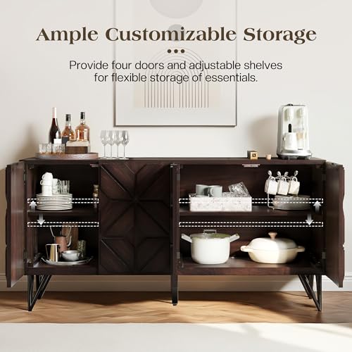63" Solid Wood Buffet Cabinet with Geometric Doors, Dark Walnut