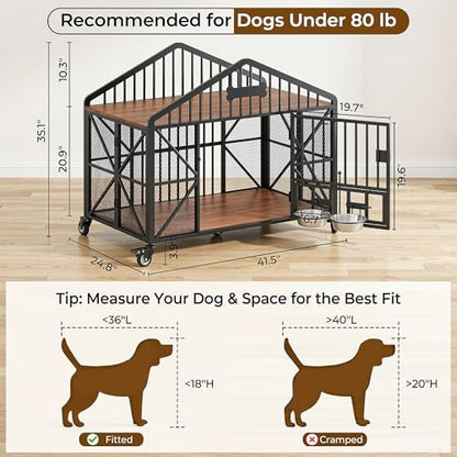 41.5" Foldable Dog Crate Furniture with 5 Wheels & Adjustable Bowls