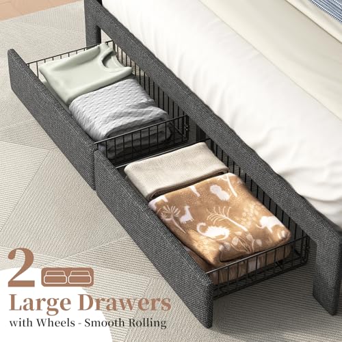 King Size Bed Frame with Storage Headboard, Upholstered King Platform Bed Frame with LED Lights, USB Charging Station & 2 Storage Drawers, No Box Spring Needed, Dark Grey