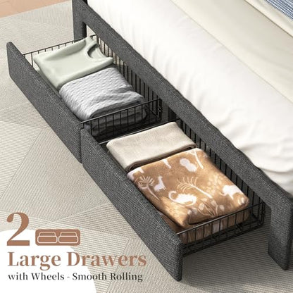 King Size Bed Frame with Storage Headboard, Upholstered King Platform Bed Frame with LED Lights, USB Charging Station & 2 Storage Drawers, No Box Spring Needed, Dark Grey