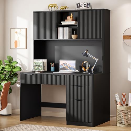 Executive Desk with Fluted Drawers, Pure Black