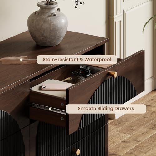 Arched Fluted Dresser for Bedroom 6 Drawers 55" Wide Walnut Black