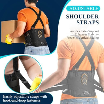 Work Back Brace with 2 Suspender Shoulder Straps for Heavy Lifting Safety, Built-In Bionic Lumbar Panel, Back Posture Protection Belt for Men and Women in Construction, Warehouse Moving Job XL