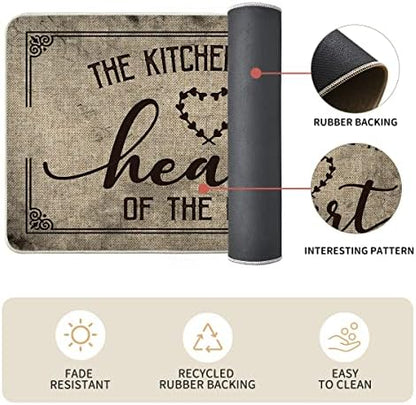 Artoid Mode Kitchen Quotes Kitchen Mats Set of 2, Seasonal The Heart of The Home Cooking Sets Holiday Party Low-Profile Floor Mat for Home - 17x29 and 17x59 Inch