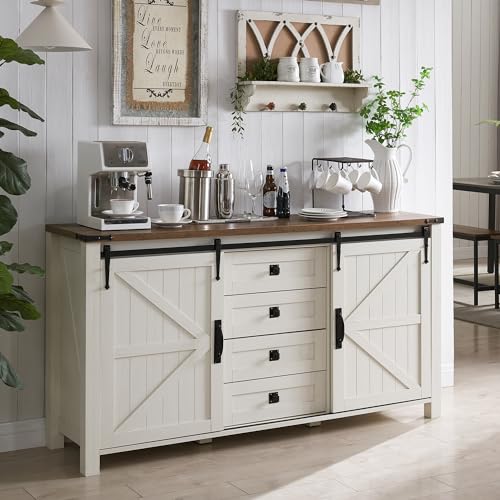 60" Wide Farmhouse Sideboard Buffet Cabinet, Antique White