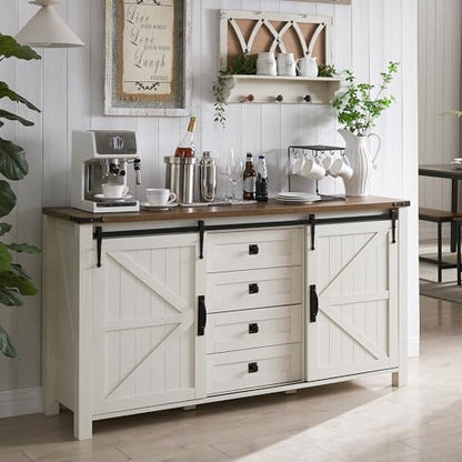 60" Wide Farmhouse Sideboard Buffet Cabinet, Antique White