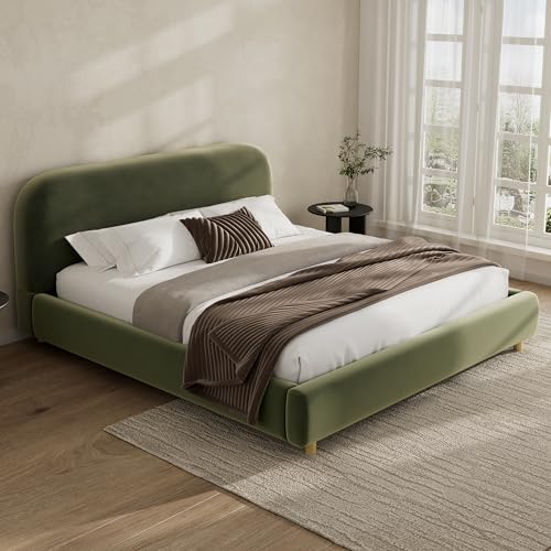 Queen Velvet Fabric Platform Bed with Curved Headboard, Olive Green