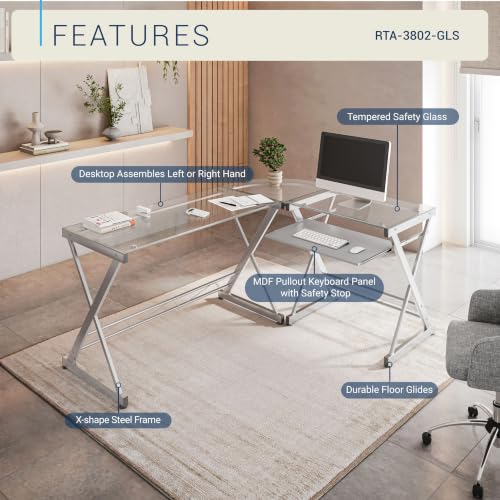 L Shaped Desk with Keyboard Tray & Tempered Glass Desktop