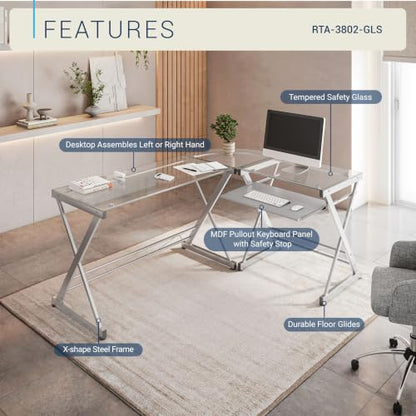 L Shaped Desk with Keyboard Tray & Tempered Glass Desktop