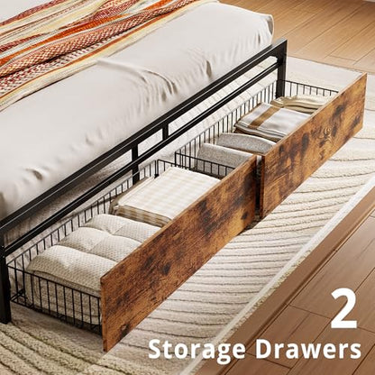California King Size Bed Frame with 2 Drawers and Charging Station