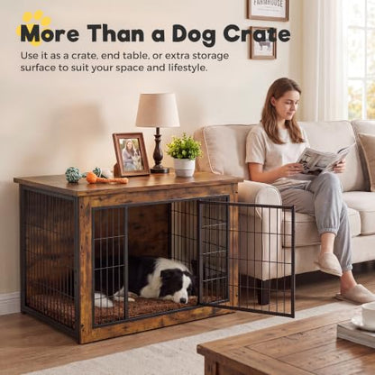 3-in-1 Wooden Dog Crate Furniture, Side Table & Kennel with Cushion