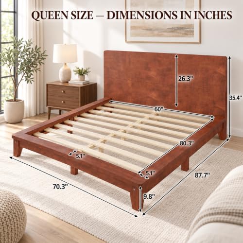 Queen Size Japanese Wooden Bed Frame with Brown Headboard