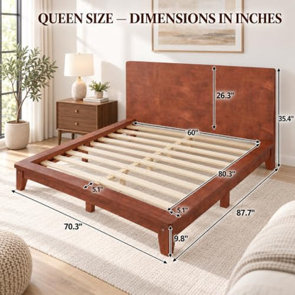 Queen Size Japanese Wooden Bed Frame with Brown Headboard
