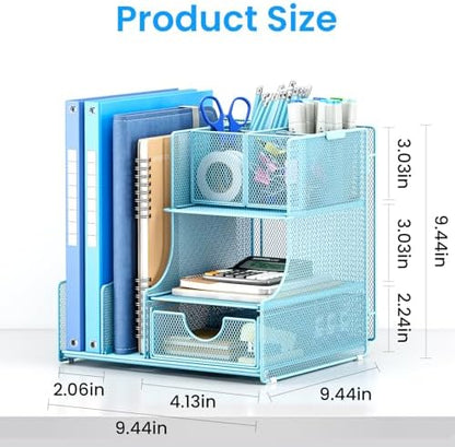 Lavatino Desk Organizer – 4-in-1 Blue Mesh Office Supplies Organizer with Pen Holder, File Holder, Desktop Tray, and Drawer for Home, Office, Classroom