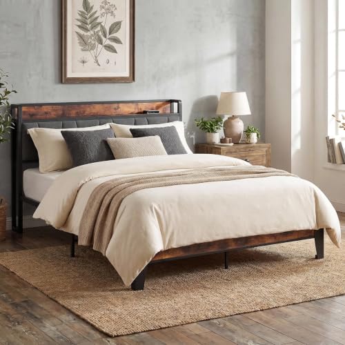 Queen Size Bed Frame with Storage Headboard and Charging Station