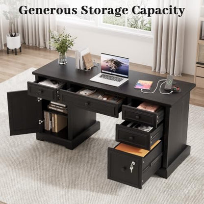 59" Farmhouse Executive Desk with Drawers Cabinet Power Outlet
