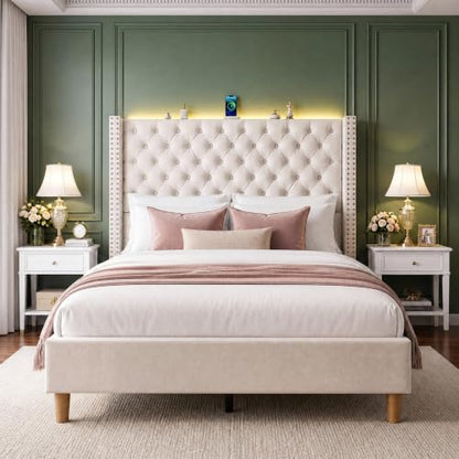 Queen Upholstered Bed Frame with RGB LED Lights and Charging Station