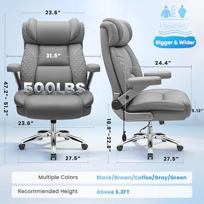 BestGlory Big and Tall Office Chair, 500LBS Wide Seat Computer Desk Chair, Extra Large Executive Gaming Chair with Adjustable Lumbar Support and 5D Flip Arms, Comfy Heavy Duty Office Chair, Gray