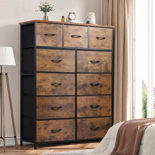 Entertainment Center with 11 Fabric Drawers, Rustic Brown