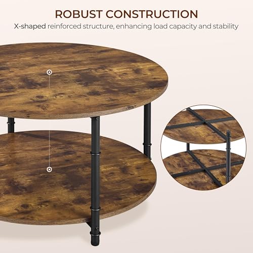 Round Coffee Table with Storage Shelf, 2-Tier 31.5" Rustic Brown