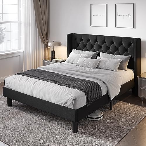 Queen Size Bed Frame with Button Tufted Wingback Headboard, Black
