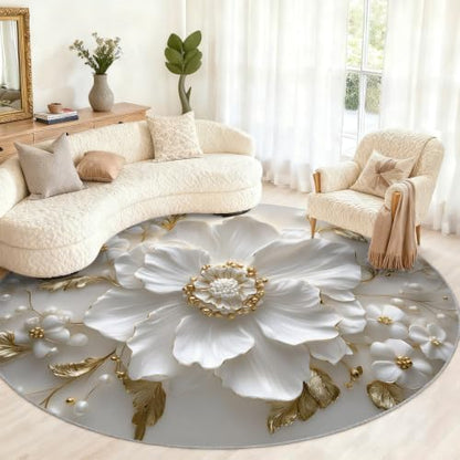 Floral Round Area Rug - 5ft Relief Floral Round Rug for Living Room, Modern Luxury Circle Rugs Washable Soft Non-Slip Carpet for Bathroom Bedside Sofa Coffee Table Decor Mat