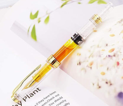 Lanxivi Yongsheng 3011 Demonstrator Clear Classical Fountain Pen Fine Nib Arrow Clip, Piston Filling System, Gold Trim, Set of 4 Pieces in transparent Color