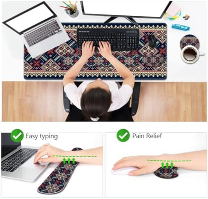 AIMSA Desk Mat Set Bohemian, Large Mouse Pad + Mouse Wrist Rest + Keyboard Wrist Support + Coaster, Navy Blue Gaming Mouse Pad Combo for Home Office
