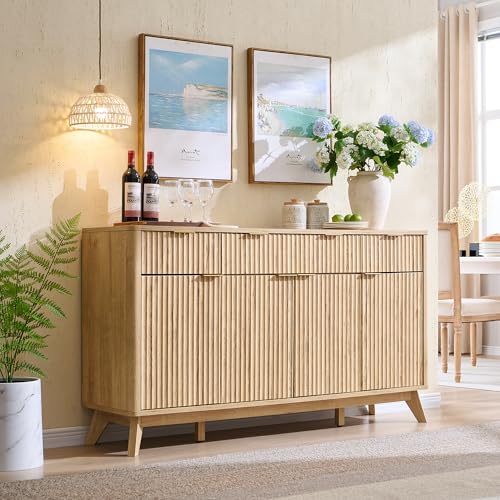 60 Inch Fluted Buffet Sideboard Cabinet, Natural Oak
