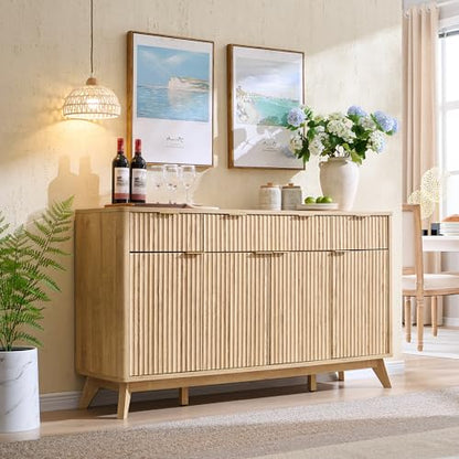 60 Inch Fluted Buffet Sideboard Cabinet, Natural Oak