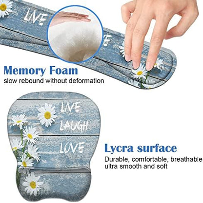 Mouse Pad Wrist Support and Keyboard Wrist Rest Set with Coasters, Dreamy Daisy Vintage Wood Board Live Love Laugh with Non-Slip PU Base Ergonomic Mousepad for Home Office Working Studying