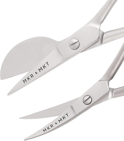 MAKER AND MARKET Small Embroidery 4.5 Inch Scissors Set of 2 Kit - Mini Double Bend Offset Duckbill and Double Bend Long Applique Needlepoint Blade with Pouch Sleeve (Satin)