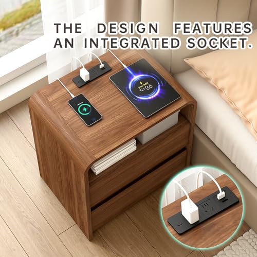 Nightstand Set of 2 w/Charging Station, 2 Drawers & Open Shelf