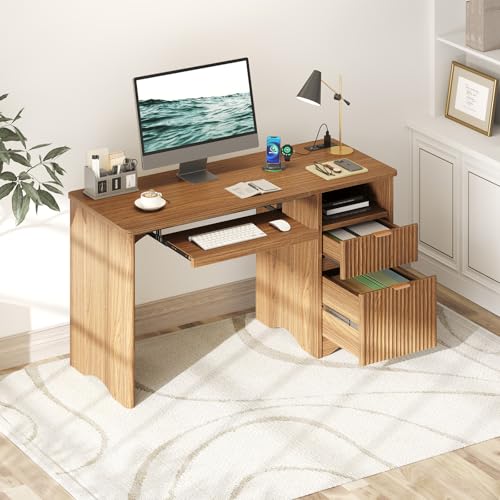 55 Inch Computer Desk with Drawers, Power Outlet, Brown Oak