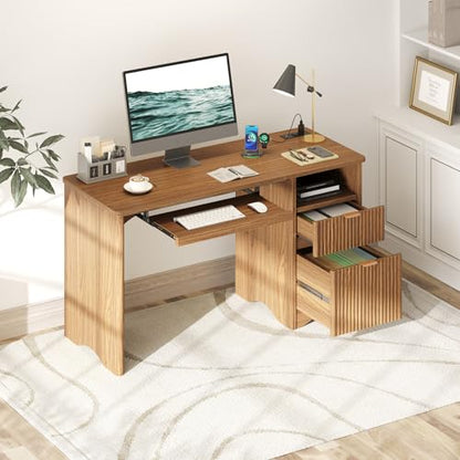 55 Inch Computer Desk with Drawers, Power Outlet, Brown Oak