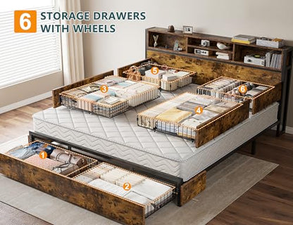 King Bed Frame with 6 Storage Drawers, Charge Station,Noise-Free