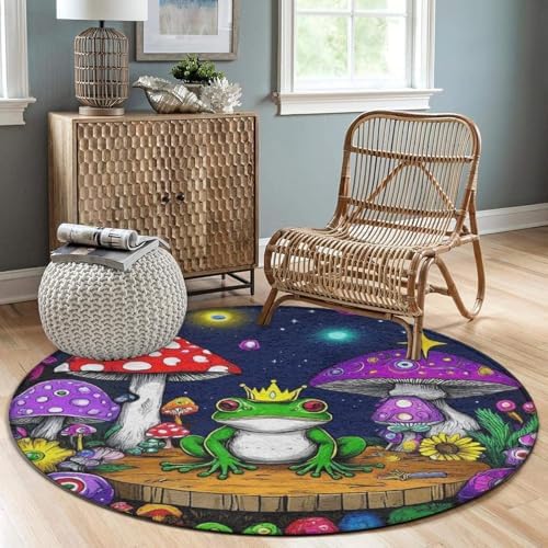 Highly Premium Quality Floor Mat, Office Chair Decor Mat, Room Sofa Yoga Soft Round Carpet Magic Mushrooms Frog Trippy Art, 36inch
