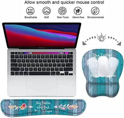 Mouse Pad Wrist Support and Keyboard Wrist Rest Set with Coasters, Stay Positive Work Hard and Make It Happen Inspirational Quote Non-Slip PU Base Ergonomic Mousepad for Home Office Working Studying