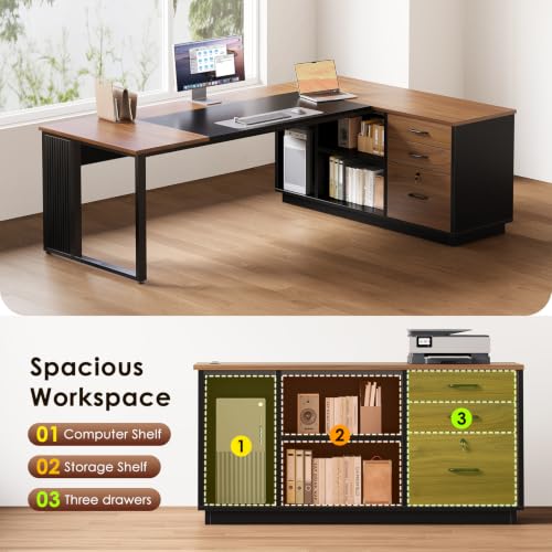 Executive 71 Inch L Shaped Desk with File Cabinet, Walnut+Black