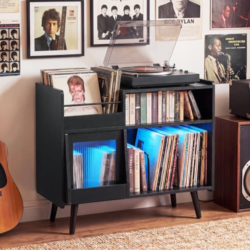 Large Record Player Stand with LED Light & Sliding Door, Black