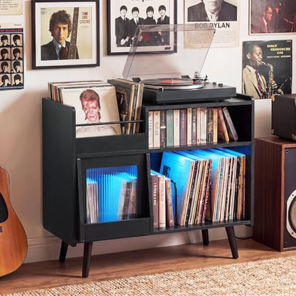 Large Record Player Stand with LED Light & Sliding Door, Black