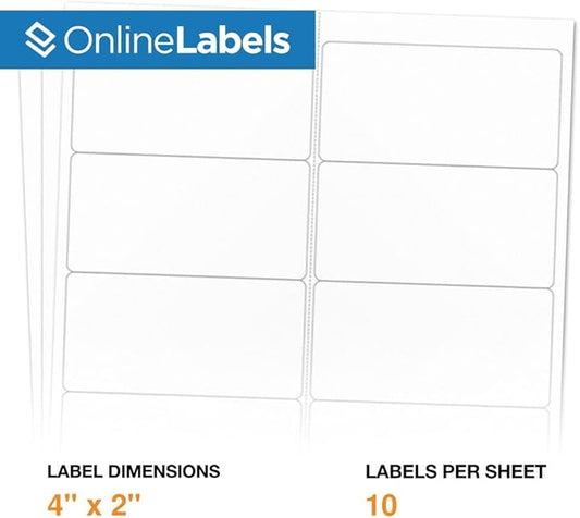 4 x 2 Rectangle Mailing Labels - Permanent, White Matte - Address, Shipping, Gift - Pack of 20,000-2,000 Sheets - Inkjet/Laser Printers - Online Labels