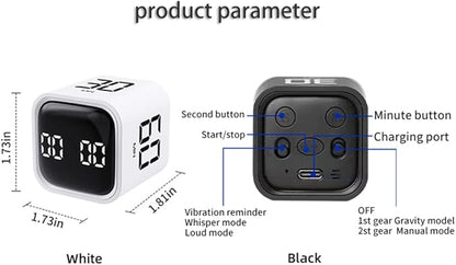Digital Cube Pomodoro Timer Desk Rechargeable Productivity Timer 5/10/30/60min & Custom Countdown, Vibration & Adjustable Sound Alarm,for Task Work Kitchen ADHD Kids Studying (Black)