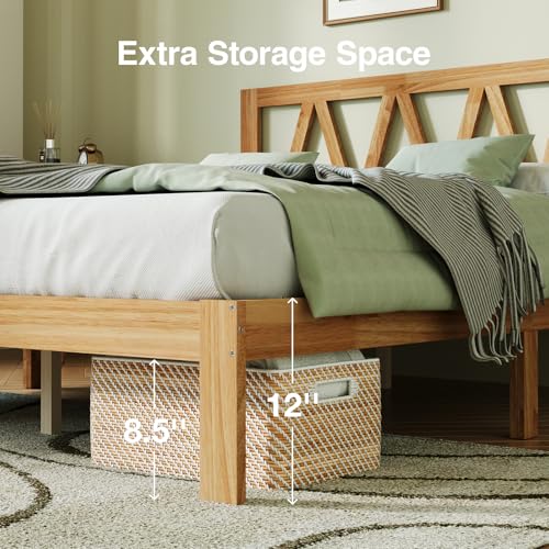 12inch Twin Bed Frame Wooden Twin Size Bed Frame, Solid Wood Twin Size Bed Frame with Headboard No Box Spring Needed, Easy Assembly, Natural